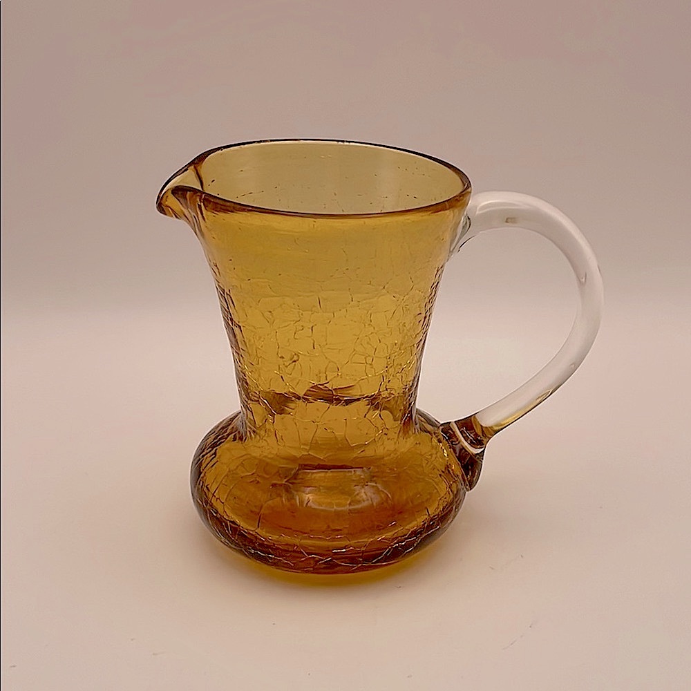 Vintage, Amber, 3.25” Crackle Glass Pitcher with Clear Glass Applied Handle